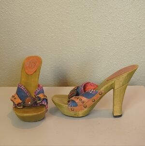 Lime Green And Blue Wooden Platform Heels